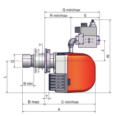 QUEMADOR GAS UNIGAS NG200 1 LLAMA 3/4" M.TN.L.ES.A.0.20 85−200 KW TOBERA LARGA