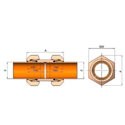 UNIÓN TUBO−TUBO DE LATÓN TIPO MO PARA TUBO COBRE Ø 42